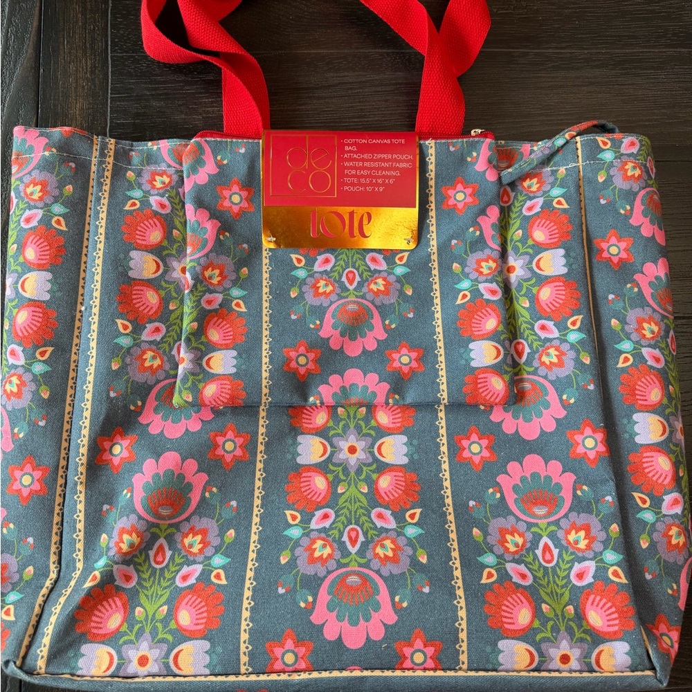 Floral Tote Bag with Red Handles